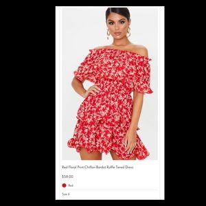 PrettyLittleThing Red Floral Print Chiffon Bardot Dress. Size 6.